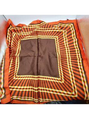 Orange Brown Square Scarf 26" Made In Japan Geometric Striped Pattern